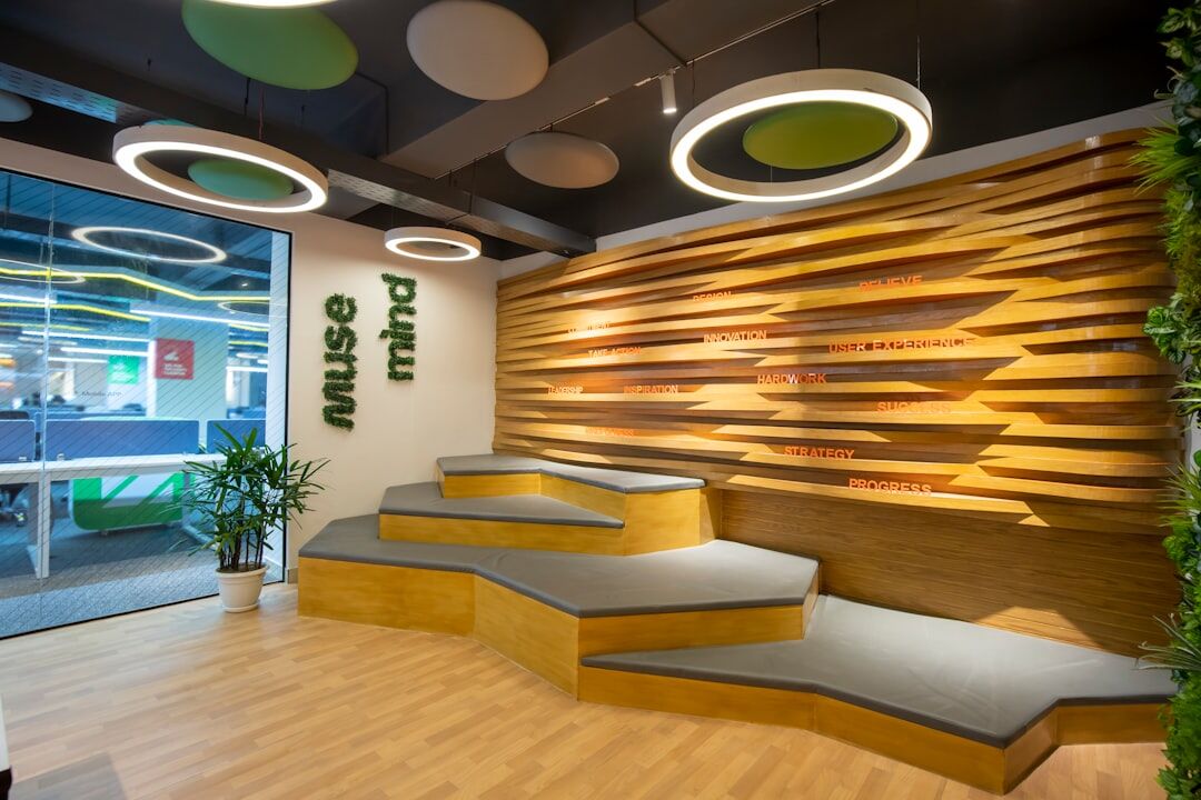 Interior of a bright studio reception area with equipment